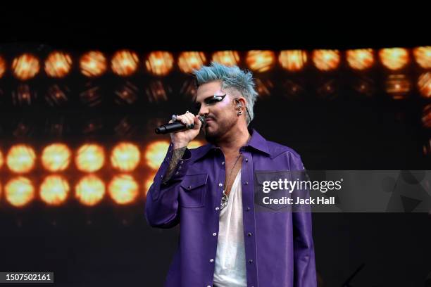 Adam Lambert performs on the Trafalgar Square Stage on July 01, 2023 in London, England. Pride in London is an annual LGBT+ festival and parade held...