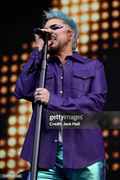 Adam Lambert performs on the Trafalgar Square Stage on July 01, 2023 in London, England. Pride in London is an annual LGBT+ festival and parade held...