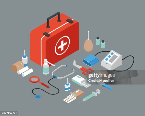 bildbanksillustrationer, clip art samt tecknat material och ikoner med first aid kit isometric vector - first aid box vector
