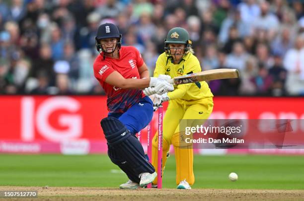 Danielle Gibson of England bats during the Women's Ashes 1st Vitality IT20 match between England and Australia at Edgbaston on July 01, 2023 in...