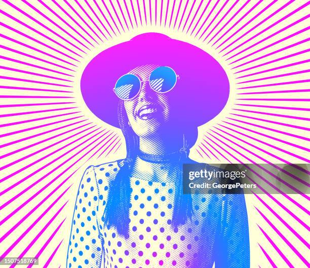 stockillustraties, clipart, cartoons en iconen met happy, smiling hipster woman with sunbeams - acteur