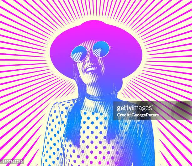 ilustrações, clipart, desenhos animados e ícones de mulher hipster feliz e sorridente com raios de sol - trippy