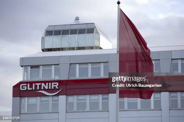 Headquarters of Glitnir Bank with logo in Reykjavik.