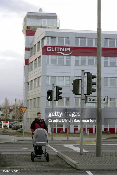 Headquarters of Glitnir Bank with logo in Reykjavik.