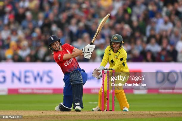 Amy Jones of England bats during the Women's Ashes 1st Vitality IT20 match between England and Australia at Edgbaston on July 01, 2023 in Birmingham,...