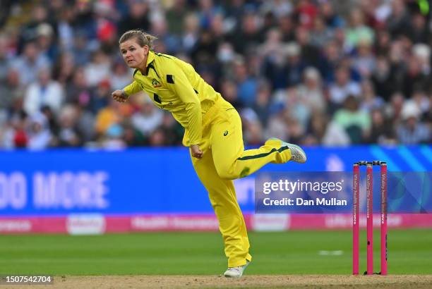 Jess Jonassen of Australia bowls during the Women's Ashes 1st Vitality IT20 match between England and Australia at Edgbaston on July 01, 2023 in...