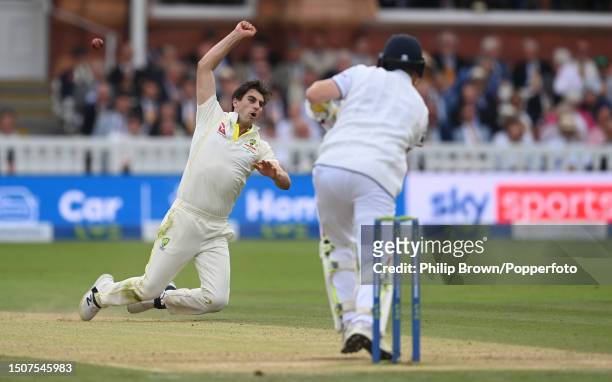 Pat Cummins of Australia fails to stop the ball during the fourth day of the 2nd Test match between England and Australia at Lord's Cricket Ground on...