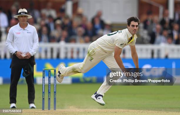 Pat Cummins of Australia bowls during the fourth day of the 2nd Test match between England and Australia at Lord's Cricket Ground on July 01, 2023 in...