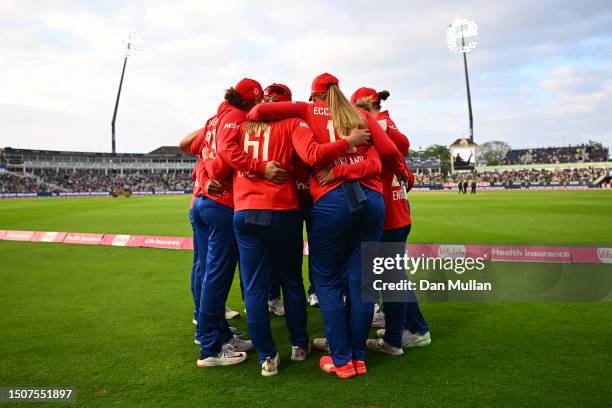 The England players huddle on the boundary prior to fielding during the Women's Ashes 1st Vitality IT20 match between England and Australia at...