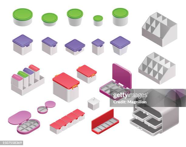 stockillustraties, clipart, cartoons en iconen met plastic food containers, medical containers, pill boxes, organizer, isometric vector - storage room