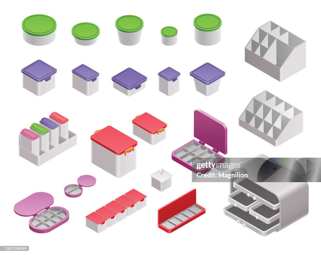 Plastic Food Containers, Medical Containers, Pill Boxes, Organizer, Isometric Vector