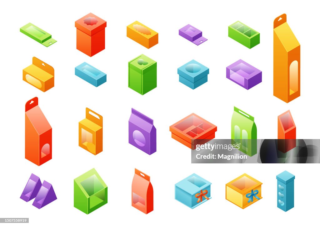 Paper Bags and Box with Insert Window, Isometric Vector Set