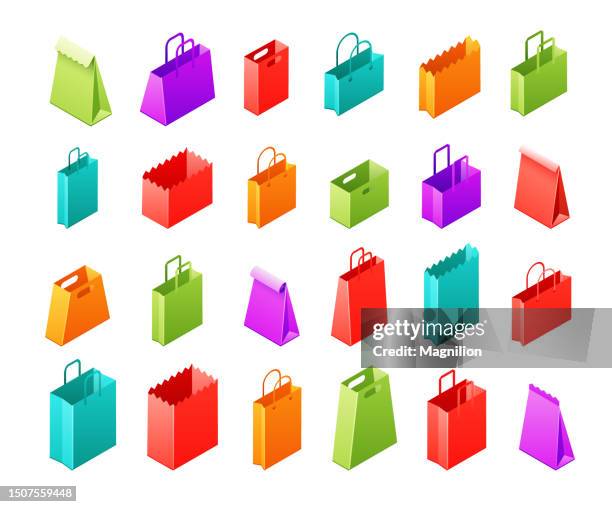 stockillustraties, clipart, cartoons en iconen met paper bags, colored shopping bags, packaging isometric vector set - goodie bag