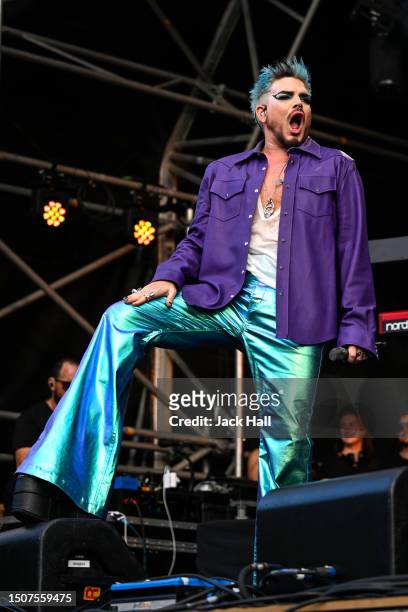 Adam Lambert performs on the Trafalgar Square Stage on July 01, 2023 in London, England. Pride in London is an annual LGBT+ festival and parade held...
