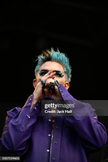 Adam Lambert performs on the Trafalgar Square Stage on July 01, 2023 in London, England. Pride in London is an annual LGBT+ festival and parade held...