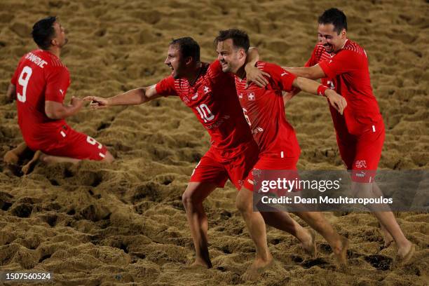 Noel Robin Ott and Tobias N. Steinemann of Switzerland celebrate a goal in the Beach Soccer - Men's Gold Medal Match between Switzerland and Italy on...