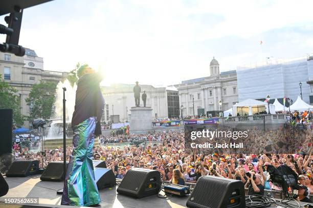 Adam Lambert performs on the Trafalgar Square Stage on July 01, 2023 in London, England. Pride in London is an annual LGBT+ festival and parade held...