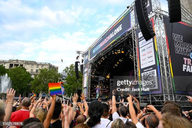 Adam Lambert performs on the Trafalgar Square Stage on July 01, 2023 in London, England. Pride in London is an annual LGBT+ festival and parade held...