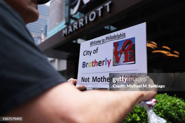 People protest the Moms for Liberty Joyful Warriors national summit outside the Philadelphia Marriott Downtown on July 01, 2023 in Philadelphia,...