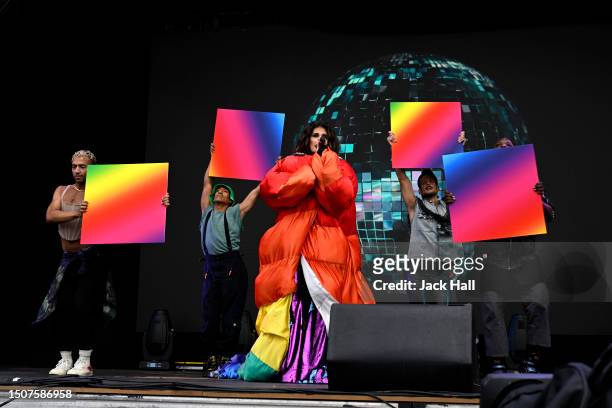 Idina Menzel performs on the Trafalgar Square Stage on July 01, 2023 in London, England. Pride in London is an annual LGBT+ festival and parade held...