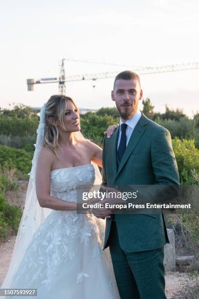 Edurne Garcia Almagro and David de Gea posing for the press after getting married in Menorca, on July 1 in Menorca, Spain.