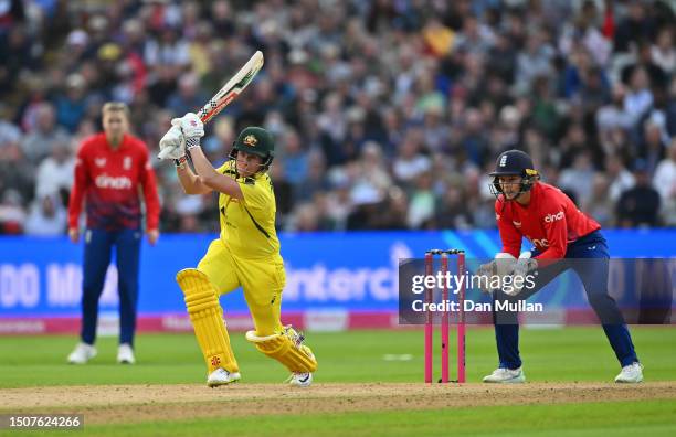 Beth Mooney of Australia bats during the Women's Ashes 1st Vitality IT20 match between England and Australia at Edgbaston on July 01, 2023 in...