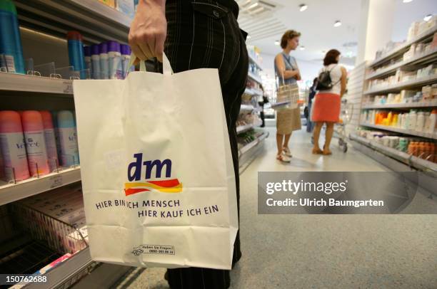 Customers in a dm chemist's shop.