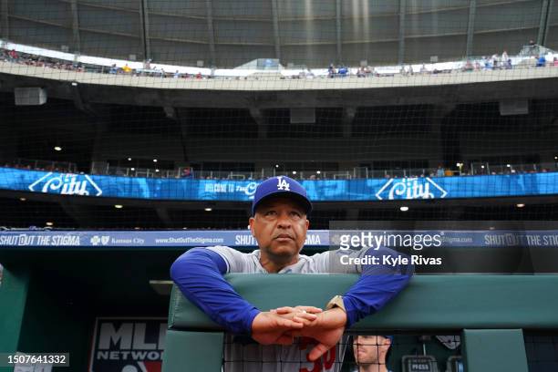 Manager Dave Roberts of the Los Angeles Dodgers prepares for the game against the Kansas City Royals at Kauffman Stadium on June 30, 2023 in Kansas...