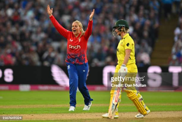 Sarah Glenn of England appeals for the wicket of Ashleigh Gardner of Australia during the Women's Ashes 1st Vitality IT20 match between England and...