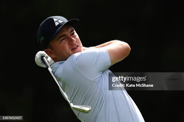 John Gough of England plays his third shot on the 17th hole during Day Three of the Betfred British Masters hosted by Sir Nick Faldo 2023 at The...