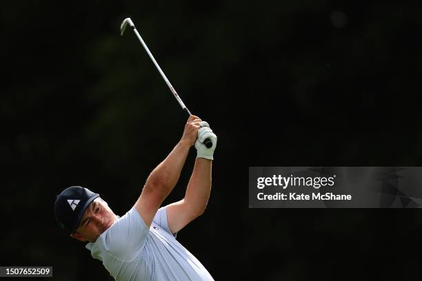 John Gough of England plays his third shot on the 17th hole during Day Three of the Betfred British Masters hosted by Sir Nick Faldo 2023 at The...