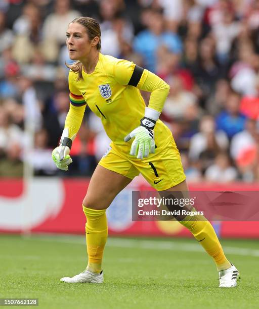 Mary Earps, the England goalkeeper, looks on during the Women's International Friendly match between England and Portugal at Stadium mk on July 01,...