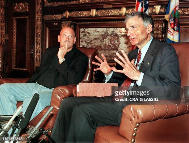 The Green Party presidential candidate Ralph Nader talks with reporters with Minnesota Governor Jesse Ventura at the Minnesota State Capitol 14 July...