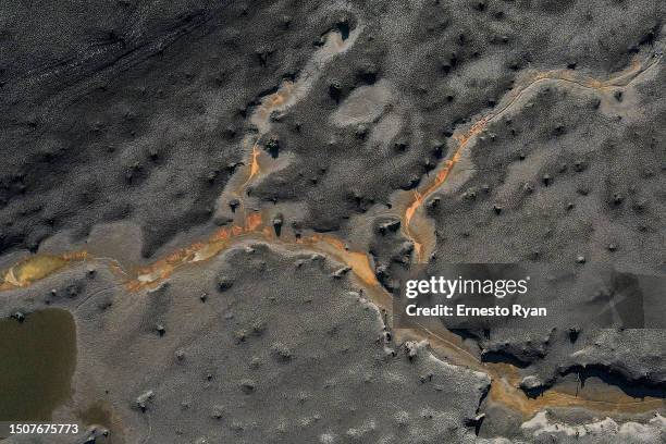 Aerial view of a dry section of the Santa Lucia river at Paso Severino reservoir on July 01, 2023 in Florida, Uruguay. 'La Niña' climatic phenomenon...