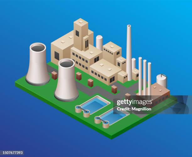 stockillustraties, clipart, cartoons en iconen met nuclear power station isometric vector - nuclear power station