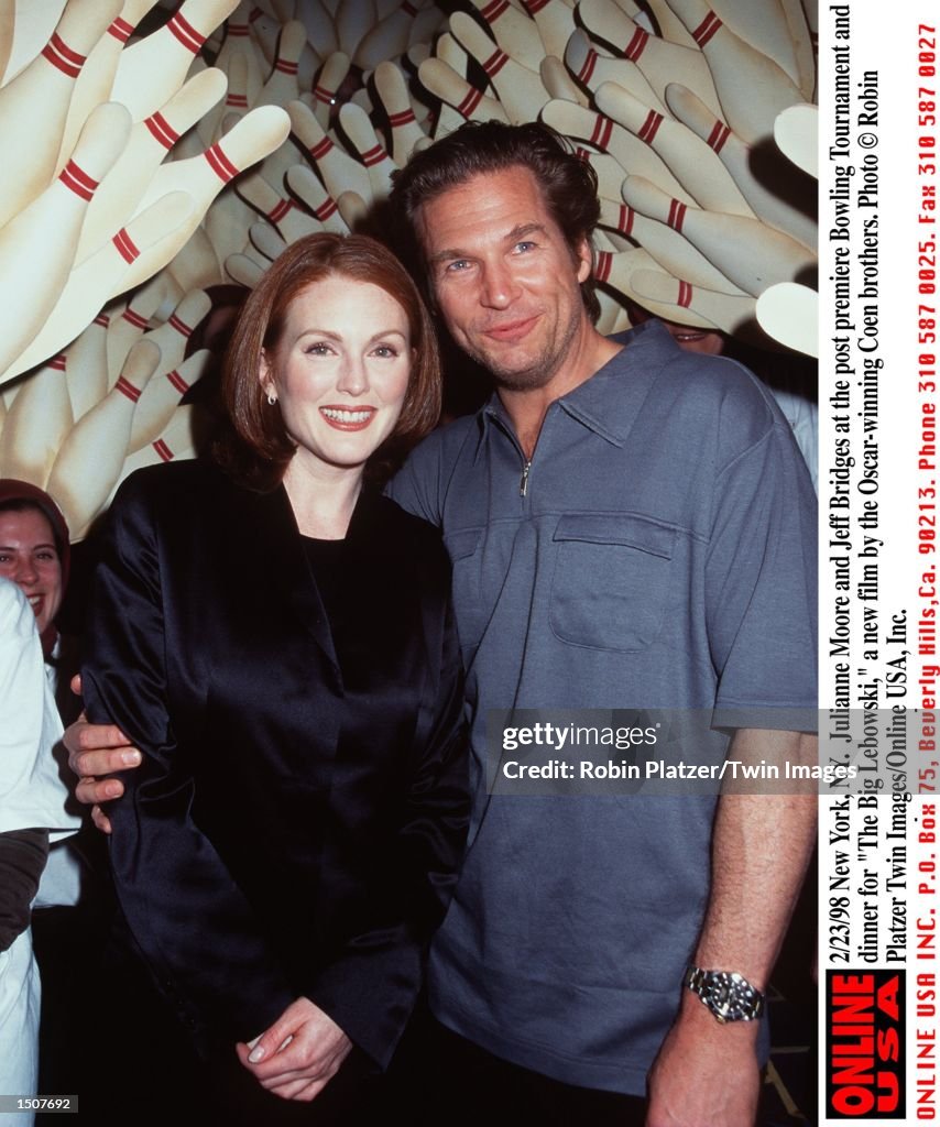 2/23/98 New York, NY. Julianne Moore and Jeff Bridges at the post premiere Bowling Tournament and di