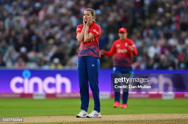 Lauren Bell of England reacts after bowling during the Women's Ashes 1st Vitality IT20 match between England and Australia at Edgbaston on July 01,...