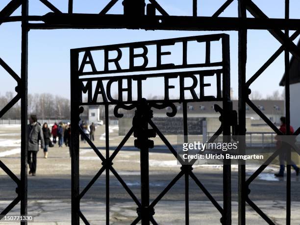 Concentration camp memorial place Dachau, O,p,s, Gate of the former concetration camp Dachau with the writing sign Arbeit macht frei - Work Brings...