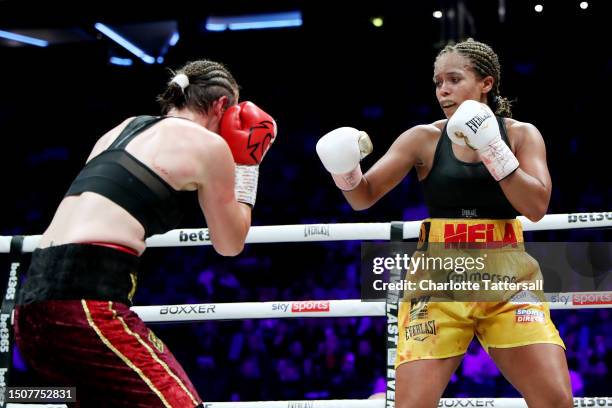 Natasha Jones reacts against Kandi Wyatt during the 10 x 2 Vacant IBF Welterweight Title at AO Arena on July 01, 2023 in Manchester, England.