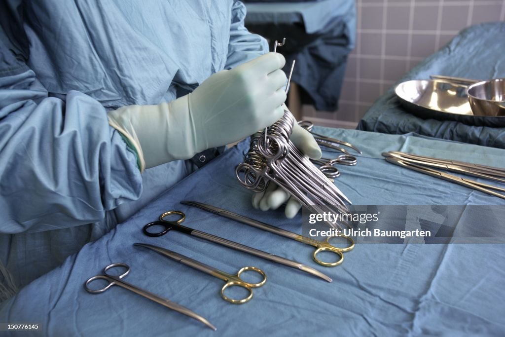 GERMANY BONN, Preparations for a gastro-intestinal surgery, Ready Set of surgical cutlery.