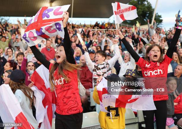 Fans react in the crowd during the Women's Ashes 1st Vitality IT20 match between England and Australia at Edgbaston on July 01, 2023 in Birmingham,...