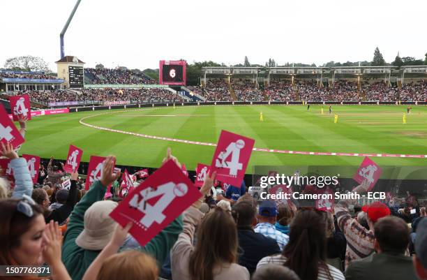 Fans react in the crowd during the Women's Ashes 1st Vitality IT20 match between England and Australia at Edgbaston on July 01, 2023 in Birmingham,...