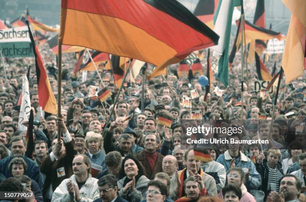 Demonstration for the German reunification, Crowds of people with German flags.