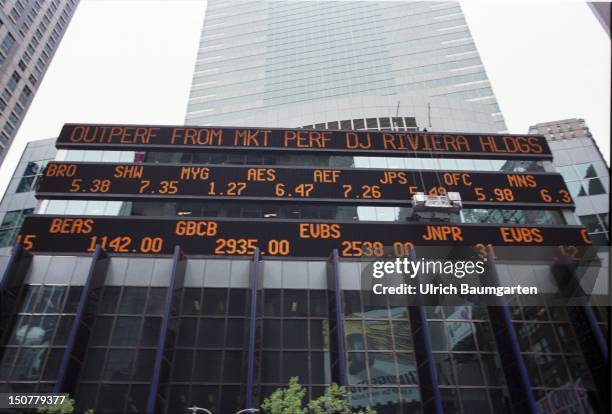 Outdoor view of the investment bank Morgan Stanley, In the front a chart board.