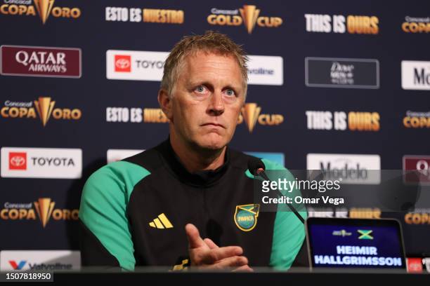 Head Coach Heimir Hallgrímsson of Jamaica speaks to the media during a press conference ahead of the match between Jamaica and Saint Kitts & Nevis as...