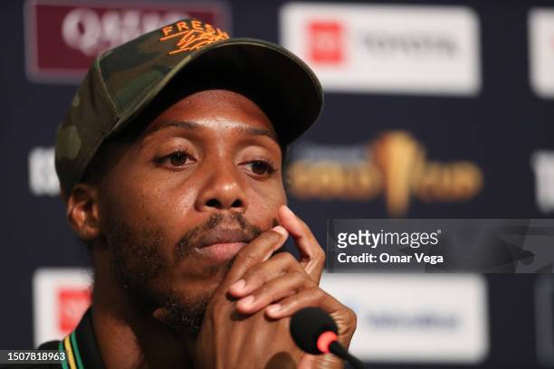 Daniel Johnson of Jamaica speaks to the media during a press conference ahead of the match between Jamaica and Saint Kitts & Nevis as part of the...