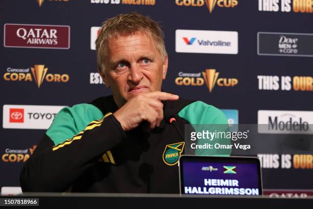 Head Coach Heimir Hallgrímsson of Jamaica speaks to the media during a press conference ahead of the match between Jamaica and Saint Kitts & Nevis as...