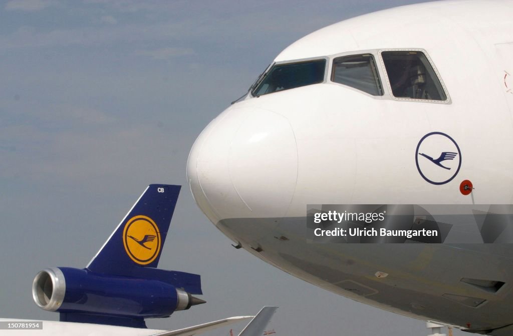 Nose and Tailfin of planes of the Lufthansa AG at the Frankfurt Airport.
