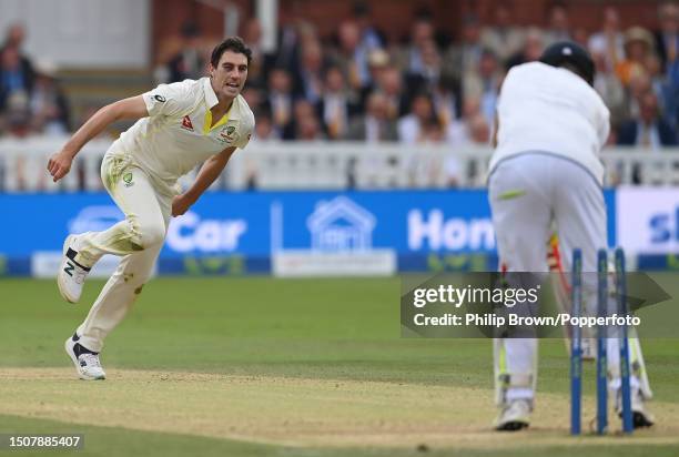 Pat Cummins of Australia reacts after dismissing Harry Brook of England during the fourth day of the 2nd Test match between England and Australia at...