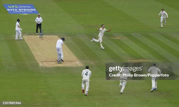 Pat Cummins of Australia reacts after dismissing Harry Brook of England during the fourth day of the 2nd Test match between England and Australia at...